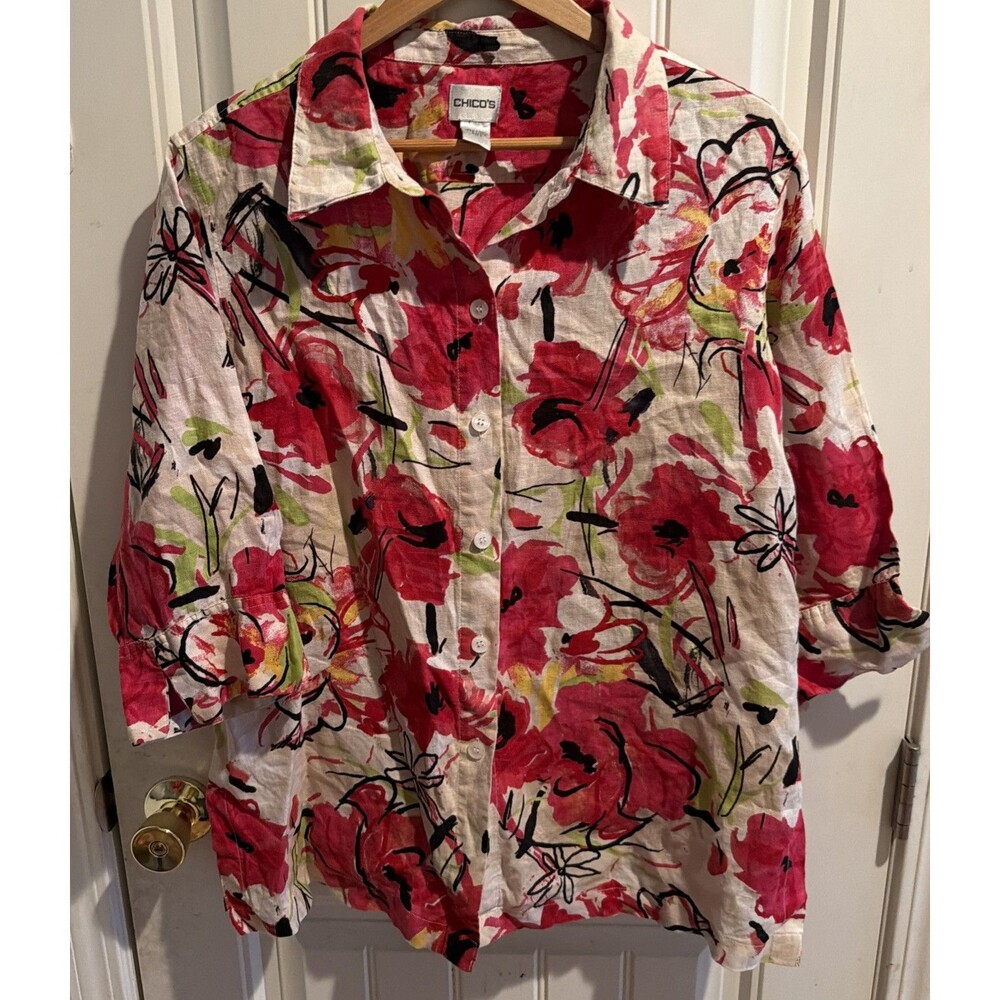 Chico's Linen Shirt Jacket 3/XL Red Pink Green Abstract Floral Button Dn 3/4 Slv